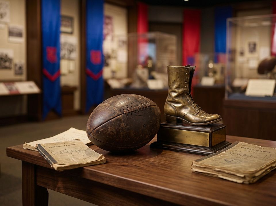 Historic Pioneer Bronze Boot Trophy and Vintage Leather Football