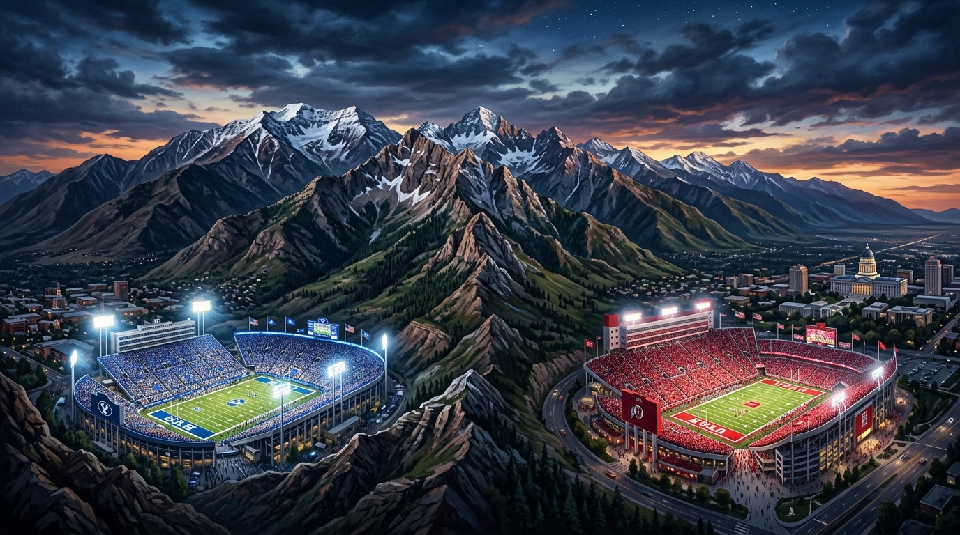 Wasatch Front mountain divide between BYU Royal Blue and Utah Crimson Red football stadiums